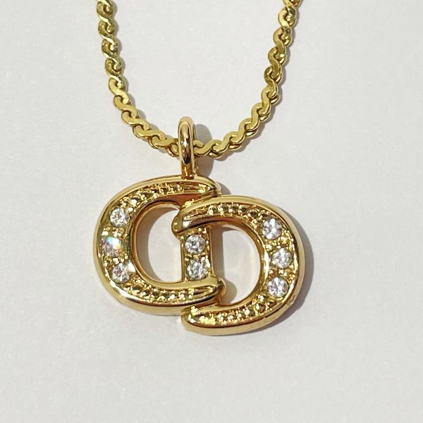 Christian Dior Necklace CD Logo Rhinestone Adjuster 5cm GP Clear Gold Pendant Women's [Used A]