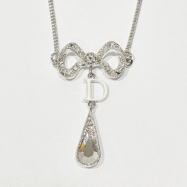 Christian Dior D Logo Ribbon Bijou Vintage Necklace Metal/Rhinestone Women's [Used AB] 20231124