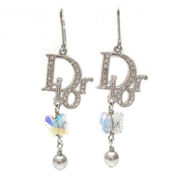 Christian Dior Logo Hook Butterfly Crystal Rhinestone Vintage Earrings Metal/Fake Pearl Women's [Used A] 20231208