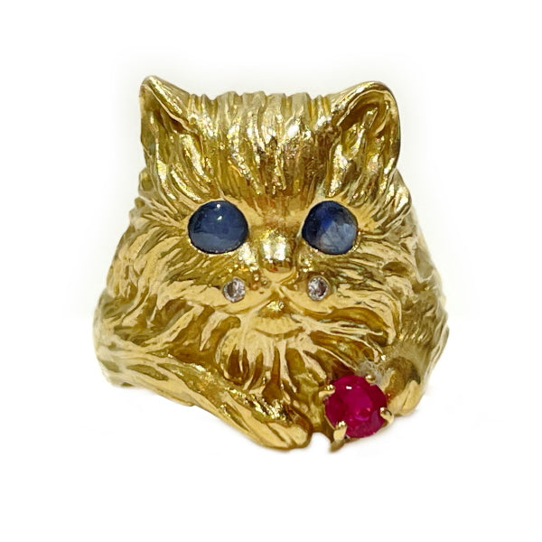 Neko Cat Cat 0.02 Ruby Sapphire No. 12 Ring K18 Yellow Gold/Diamond Ladies [Used B] 20231208