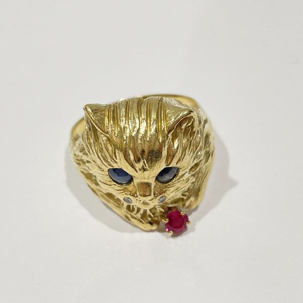 Neko Cat Cat 0.02 Ruby Sapphire No. 12 Ring K18 Yellow Gold/Diamond Ladies [Used B] 20231208