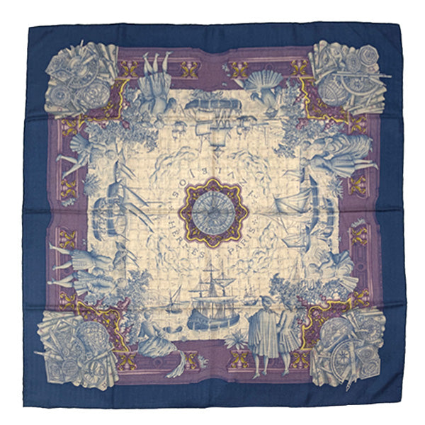 HERMES Carre 90 Cashmere Silk Scarf AZVLEJOS Thinking back to the Age of Discovery Blue/Lavender Scarf Large [Used AB] 20231215