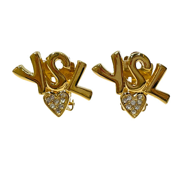 YVES SAINT LAURENT YSL Logo Heart Vintage Earrings GP/Rhinestone Women's [Used A] 20240116