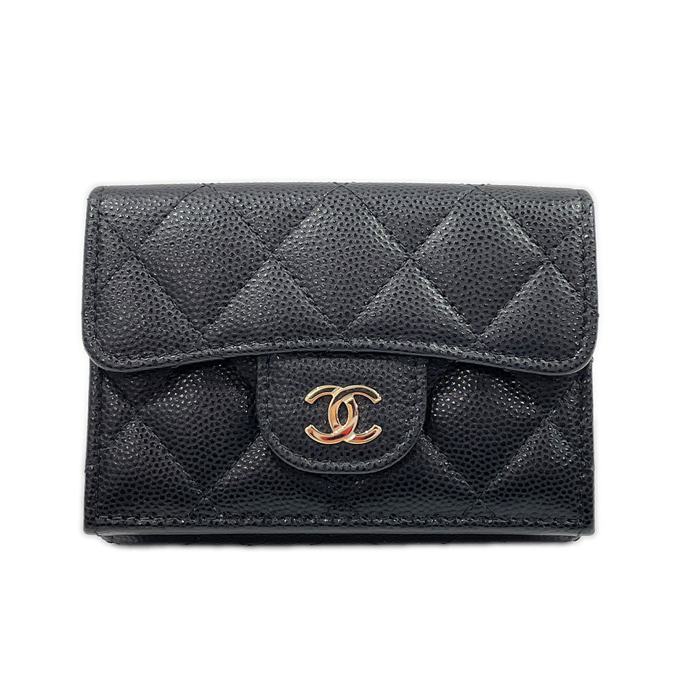 CHANEL Classic Small Flap Matelasse Coco Mark W Hook Mini Compact Trifold Wallet Caviar Skin Women's [Used A] 20240105
