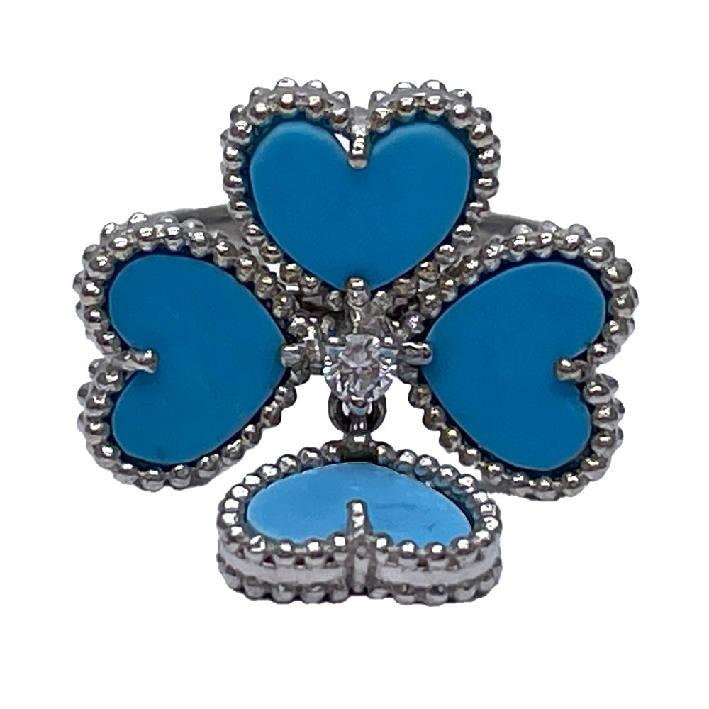 Flower Motif Clover Heart Turquoise D0.07ct No. 10.5 Ring K18 White Gold Women's [Used AB] 20240310