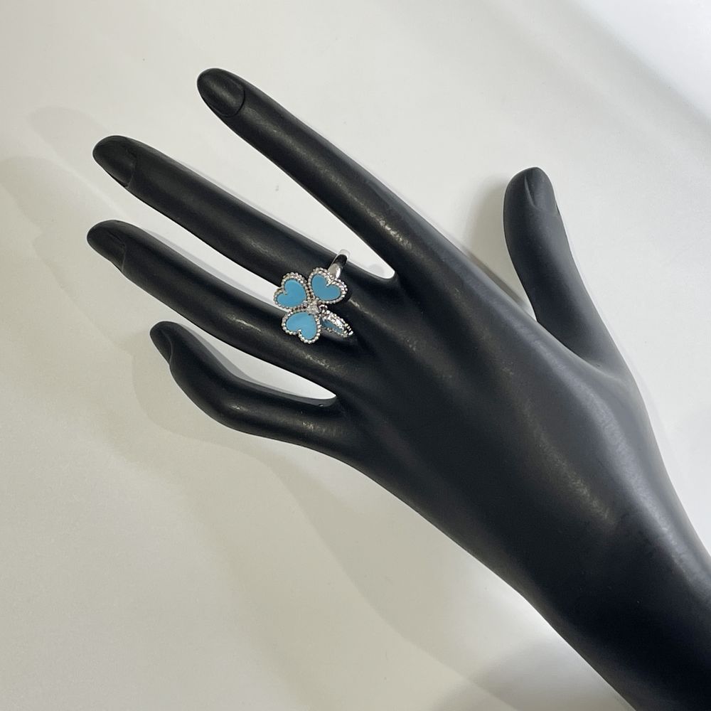 Flower Motif Clover Heart Turquoise D0.07ct No. 10.5 Ring K18 White Gold Women's [Used AB] 20240310