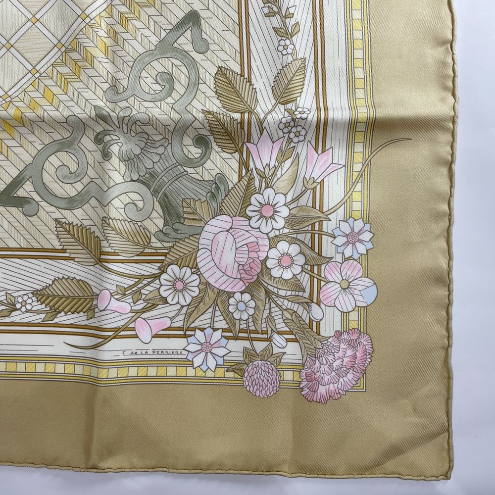 HERMES Carre 90 Large JEUX DE PAILLE Straw Play Flower Bird Butterfly Rose Scarf Silk Unisex [Used AB]
