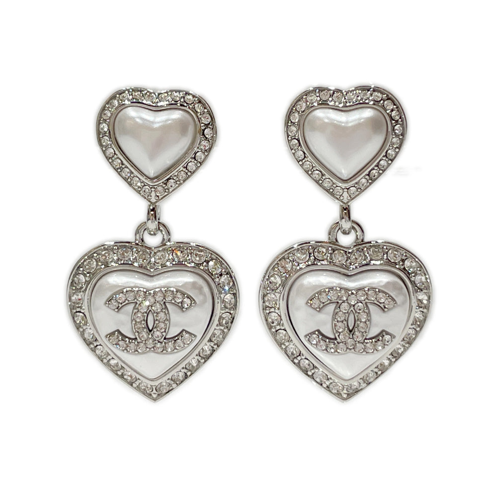 CHANEL Coco Mark Heart Swing Fake Pearl B23B Earrings Metal/Rhinestone Women's [Used A] 20240130